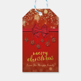 メリークリスマス、ゴールド コンフェティ、赤いリボン、オーナメント ギフトタグ