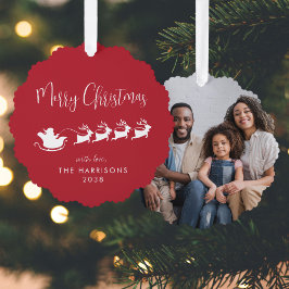 メリークリスマス サンタのそり 写真 赤 オーナメントカード
