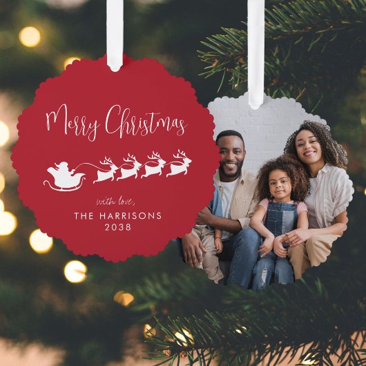 メリークリスマス サンタのそり 写真 赤 オーナメントカード