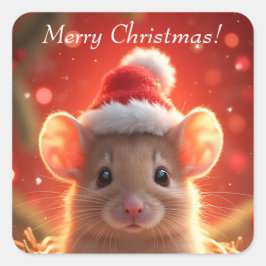 メリークリスマス - サンタの帽子をかぶったかわいいネズミ スクエアシール