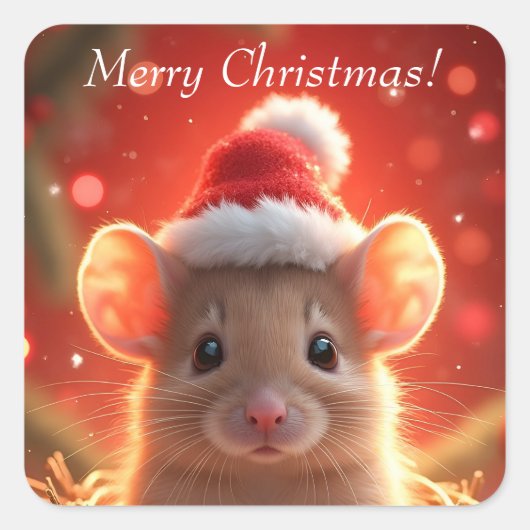 メリークリスマス - サンタの帽子をかぶったかわいいネズミ スクエアシール (正面)