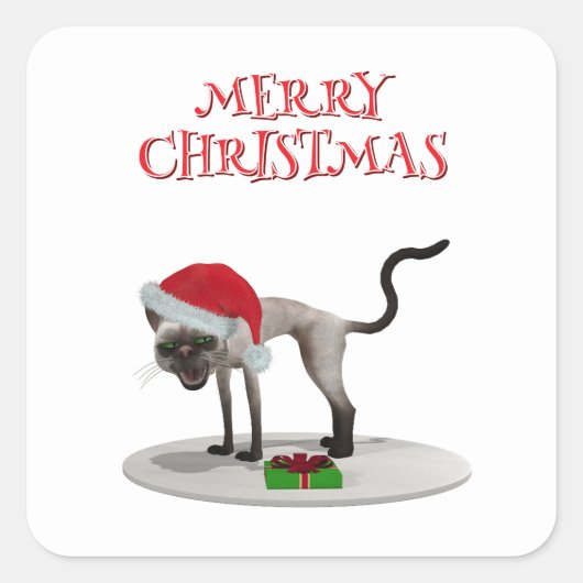 メリークリスマス。サンタの帽子をかぶった猫 スクエアシール (正面)