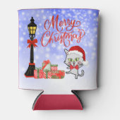 メリークリスマス | サンタの帽子をかぶった面白い猫 缶クーラー (正面)