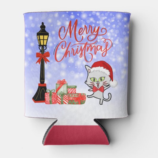 メリークリスマス | サンタの帽子をかぶった面白い猫 缶クーラー (正面)