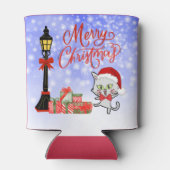 メリークリスマス | サンタの帽子をかぶった面白い猫 缶クーラー (裏面)