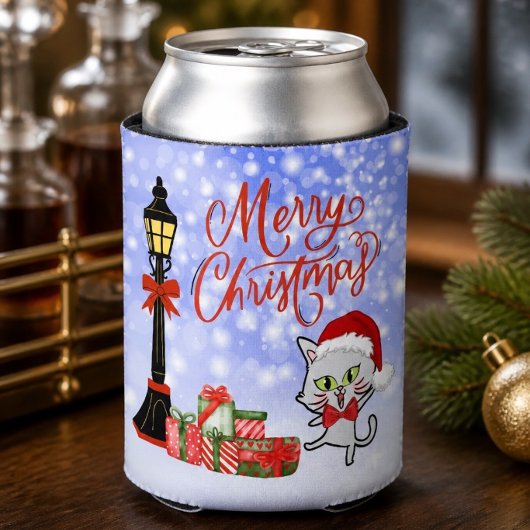 メリークリスマス | サンタの帽子をかぶった面白い猫 缶クーラー