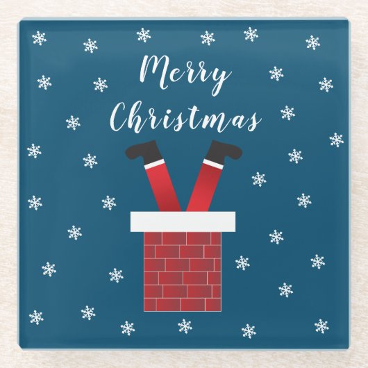 メリークリスマス・サンタクロースが煙突に突き刺さった ガラスコースター (正面)