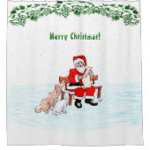 メリークリスマス!サンタクロースと猫と犬 シャワーカーテン (正面)
