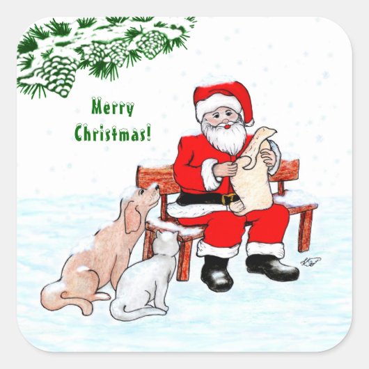 メリークリスマス!サンタクロースと猫と犬 スクエアシール (正面)