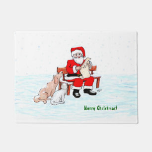 メリークリスマス!サンタクロースと猫と犬 ドアマット