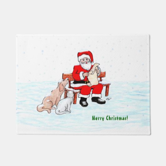 メリークリスマス!サンタクロースと猫と犬 ドアマット (正面)