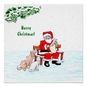 メリークリスマス!サンタクロースと猫と犬 ポスター