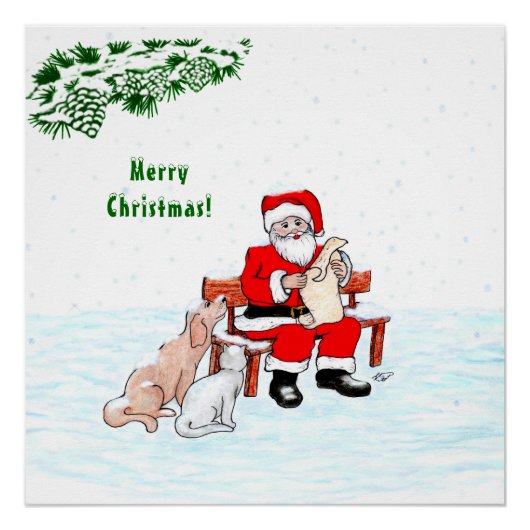 メリークリスマス!サンタクロースと猫と犬 ポスター (正面)