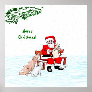 メリークリスマス!サンタクロースと猫と犬 ポスター