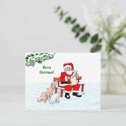 メリークリスマス!サンタクロースと猫と犬 ポストカード (スタンド正面)