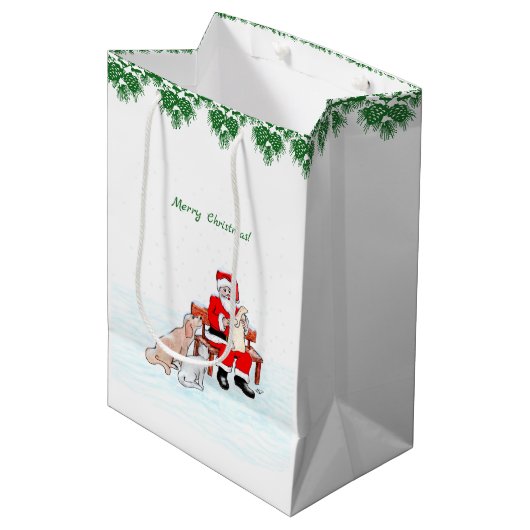 メリークリスマス!サンタクロースと猫と犬 ミディアムペーパーバッグ (正面アングル)