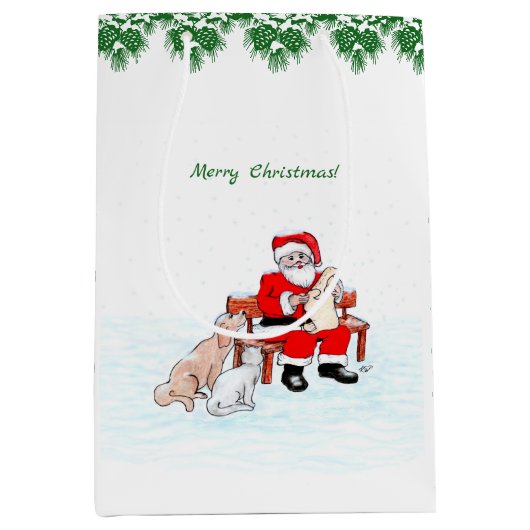 メリークリスマス!サンタクロースと猫と犬 ミディアムペーパーバッグ (正面)