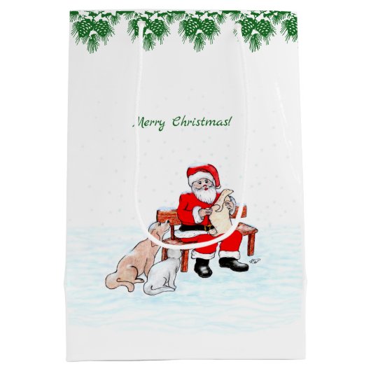 メリークリスマス!サンタクロースと猫と犬 ミディアムペーパーバッグ (裏面)