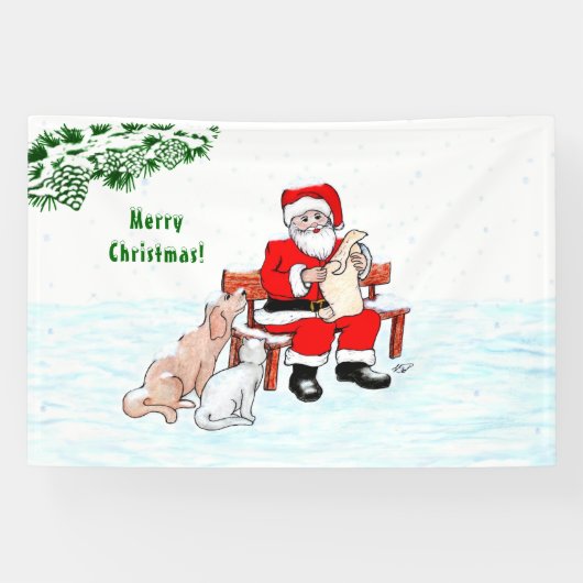 メリークリスマス!サンタクロースと猫と犬 横断幕 (横)