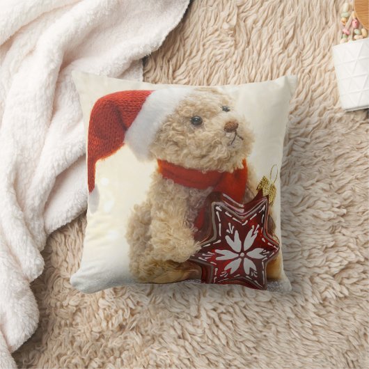メリークリスマス、サンタハットとテディベア クッション (ブランケット)