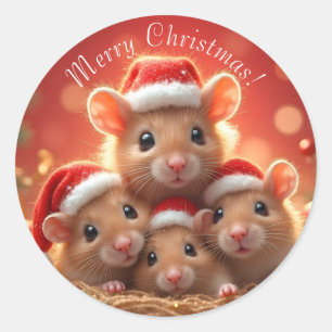 メリークリスマス – サンタハットのかわいいネズミ ラウンドシール