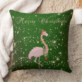 メリークリスマス,サンタハット付きピンクのフラミンゴ,緑 クッション (ブランケット)