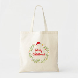 メリークリスマス サンタ帽子のリース トートバッグ