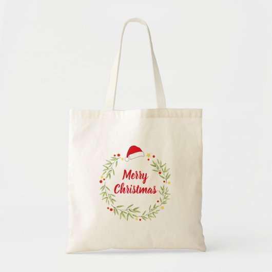 メリークリスマス サンタ帽子のリース トートバッグ (正面)