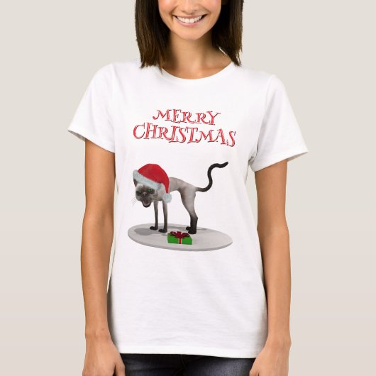 メリークリスマス.サンタ帽子をかぶった猫 Tシャツ (正面)