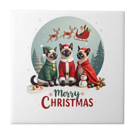 メリークリスマス サンタ3人組 妖精 トナカイ シャム猫 タイル (正面)