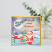 メリークリスマス サンタ、そり、トナカイ、雪の結晶 カード (スタンド正面)