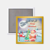 メリークリスマス サンタ、そり、トナカイ、雪の結晶 マグネット (正面/裏面)
