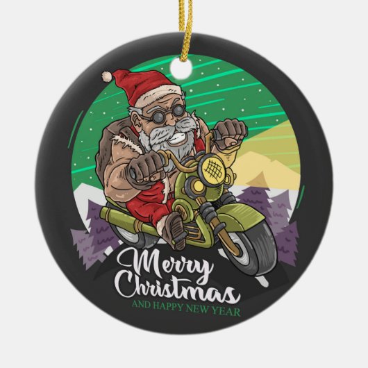 メリークリスマス サンタ バイク乗り セラミック オーナメント (正面)