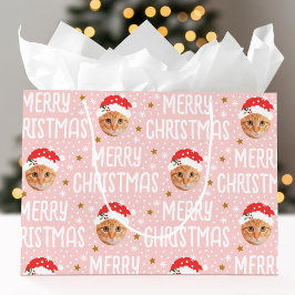 メリークリスマス サンタ ワンフォト かわいい顔 ピンク ラージペーパーバッグ