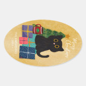メリークリスマス サンド かわいい黒猫 クリスマスツリー 楕円形シール (正面)