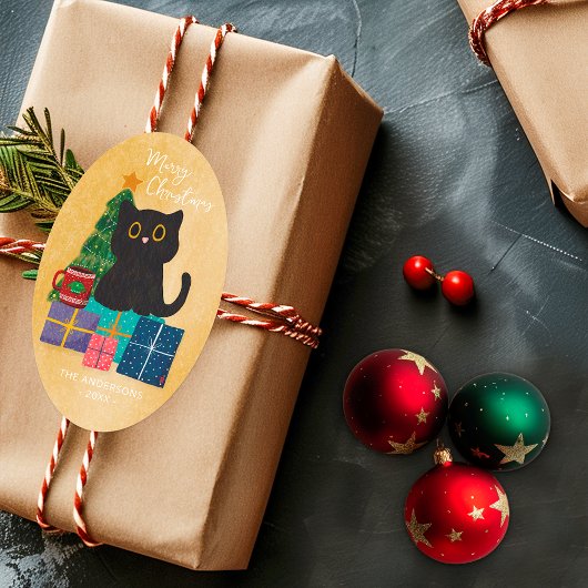 メリークリスマス サンド かわいい黒猫 クリスマスツリー 楕円形シール