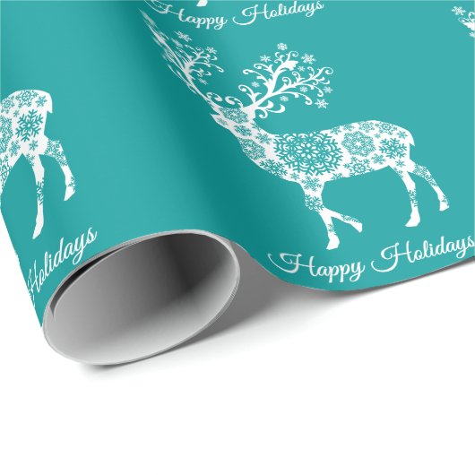 メリークリスマス、シカが付いているティール(緑がかった色)の包装紙 ラッピングペーパー (ロールコーナー)