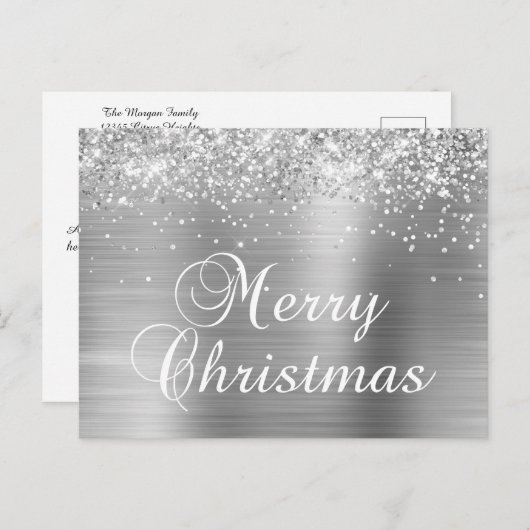 メリークリスマス シルバー グリッタリー フェイク フォイル シーズンポストカード (正面/裏面)