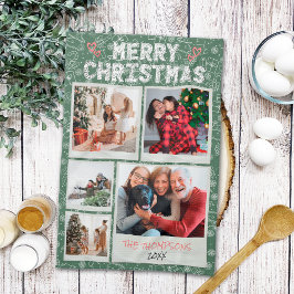 メリークリスマス シンプルな落書き 5枚の写真入り家族ギフト キッチンタオル