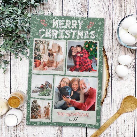 メリークリスマス シンプルな落書き 5枚の写真入り家族ギフト キッチンタオル