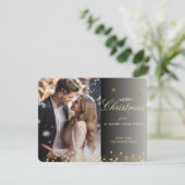 メリークリスマス!スクリプトフォント、黒金ゴールド写真 シーズンカード (スタンド正面)