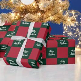 メリークリスマス スクリプト柄 グリーンとレッドの市松模様 ラッピングペーパー