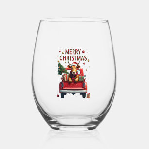 メリークリスマス スコットランドのハイランドカウ クリスマス ファーム アン ステムなしワイングラス