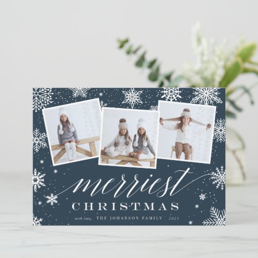 メリークリスマス |スノーフレーク3フォトコラージュ シーズンカード (スタンド正面)
