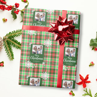 メリークリスマス スノーフレーク 赤 緑 Plaid 写真 ラッピングペーパー