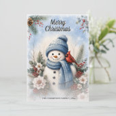 メリークリスマス スノーマン カーディナル 水彩 冬 シーズンカード (スタンド正面)
