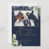 メリークリスマス スノー フローラル ゴールド アンド ブルー フォト シーズンカード (正面)