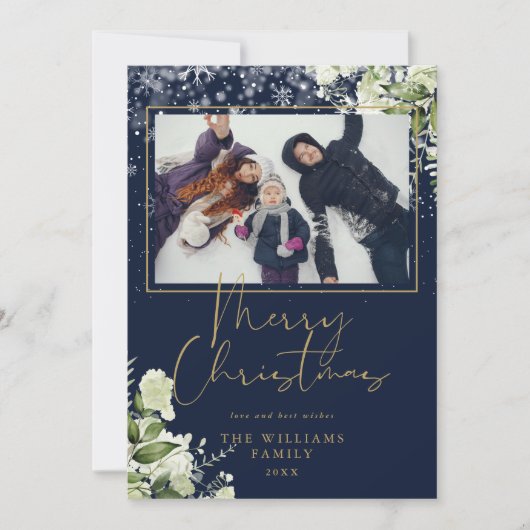 メリークリスマス スノー フローラル ゴールド アンド ブルー フォト シーズンカード (正面)
