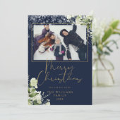 メリークリスマス スノー フローラル ゴールド アンド ブルー フォト シーズンカード (スタンド正面)