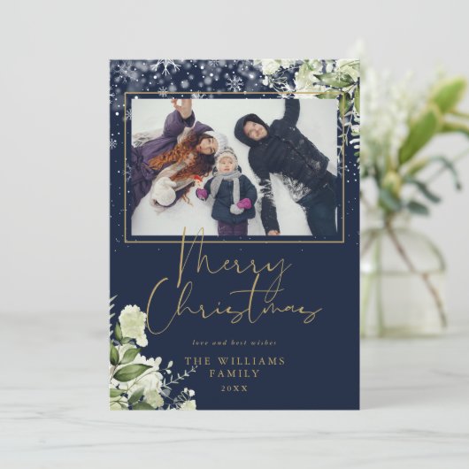 メリークリスマス スノー フローラル ゴールド アンド ブルー フォト シーズンカード (スタンド正面)